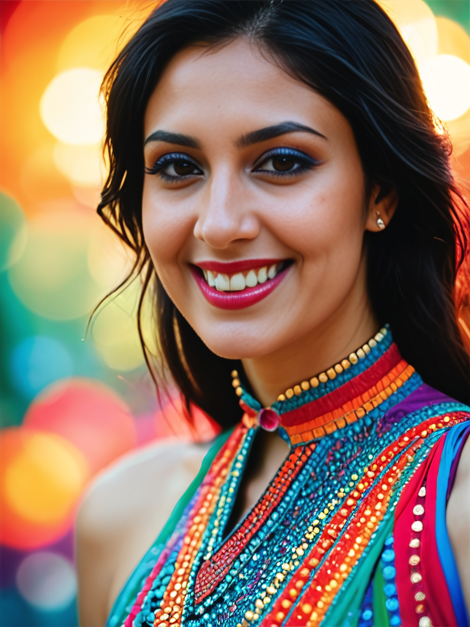 score_9, score_8_up, score_8,upper body photo, realistic, average sized, solo,light smile, desimocha:0.5, ethnic dress, censored, colorful background bokeh, rating_safe, <lora:Desi_Tabela_PonyXL_LoRA_prodigy_local:0.6>
