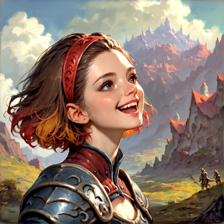 score_9,score_8_up, score_8,
dark, brooding,
dungeons and dragons, fantasy armor, fantasy landscape, breastplate, solo, happy, short hair, colored tips, two-tone hair, multicolored hair, red hairband, (brown hair:1.1), red hair
<lora:Expressive_H:0.5> <lora:Dungeons_and_Dragons_Art_Style-000003:1>