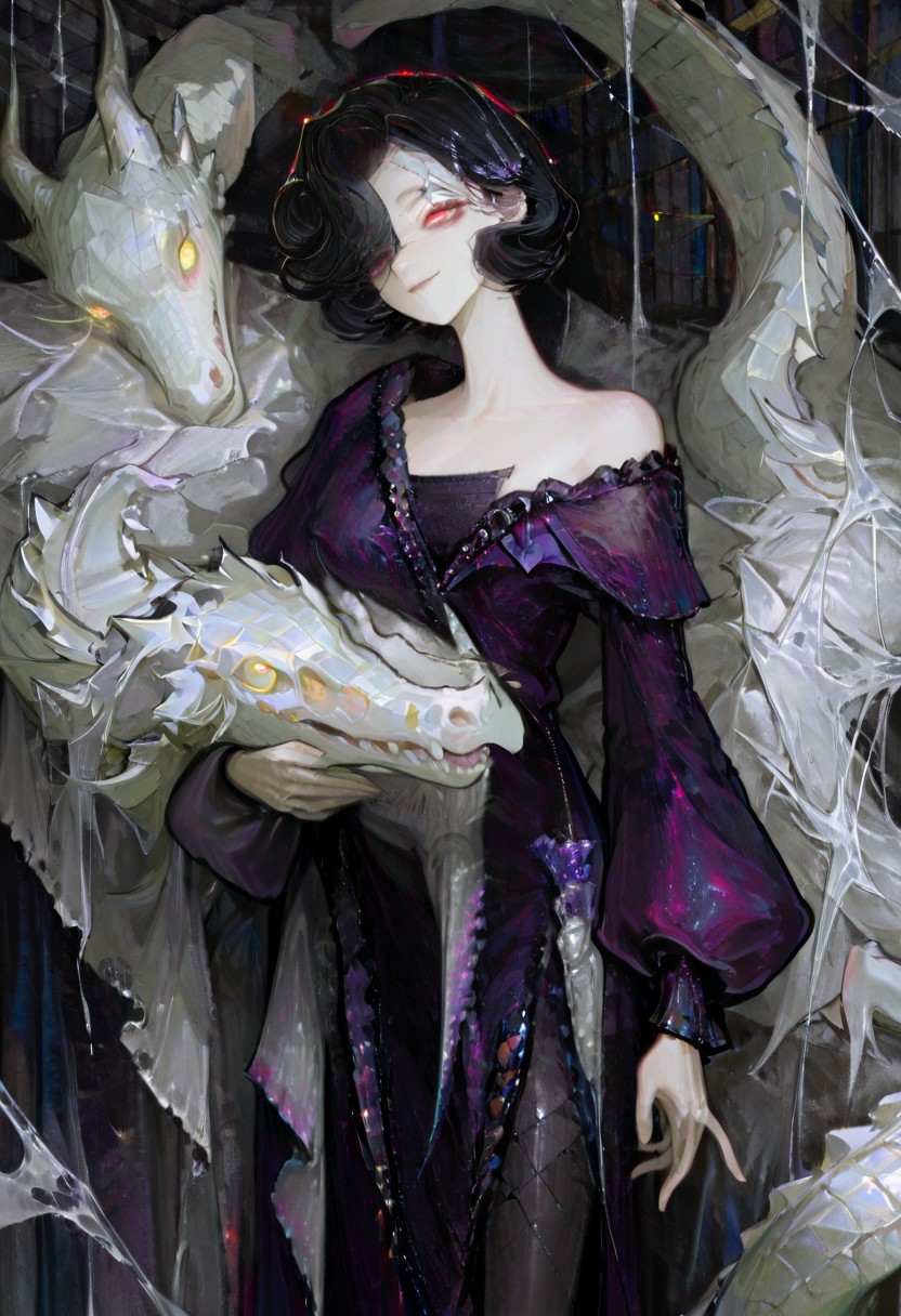 masterpiece, best quality, amazing quality, very aesthetic, absurdres, newest, volumetric lighting, female, female focus, dark, horror,, full body,1 girl, solo female,tuesday(MH),black hair,purple dress,cowboy shot,silk,bare shoulders,black pantyhose,short hair,white crocodile,mysterious smile, glowing eyes