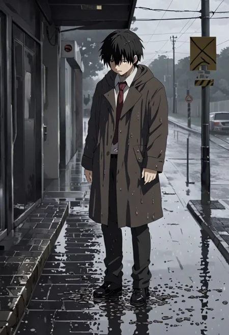 Highres, Masterpiece, High Quality, 4K, 8K, solo, 1Boy, Takaki Toono, adult, black hair, short hair, footpath, urban, wet, slippery, puddle, heavy rain, overcast, dark, drenched, weak, beaten, looking down, sad, helpless, carelessm heartless, wet hair, withered plants, easynegative, detailed_eye_model