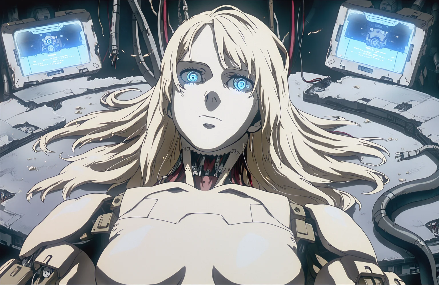 anime screenshot, masterpiece, 8k, high res, best quality,
1girl, Project 2501, blonde, artificial eye, blue eyes, lying on table, operating table, monitor, science fiction,ambient cinematic lighting, robot joints, android, cyborg, expressionless, damaged, mechanical parts, wire,
<lora:GITS Illustrious:0.9>