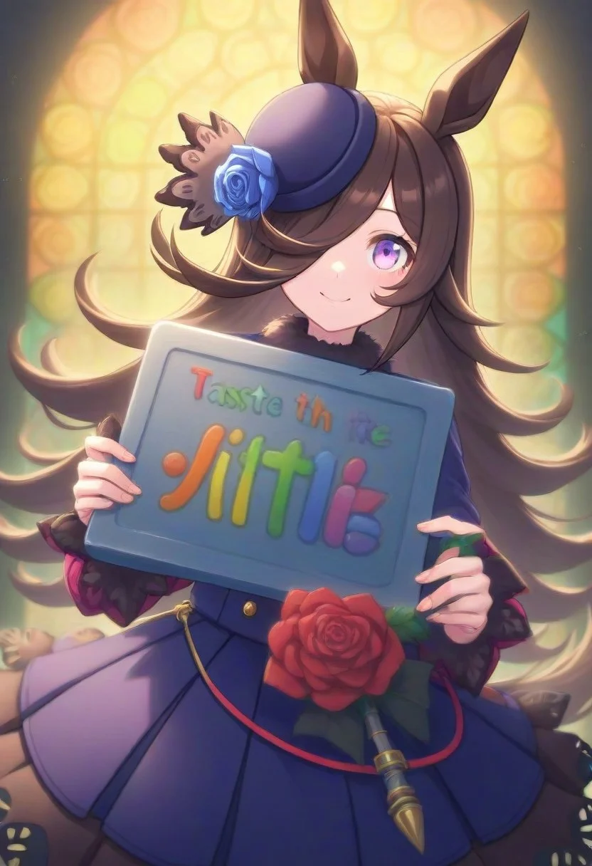 umamusume,, ,rice_shower_(umamusume), 1girl, long_hair, long_sleeves,, solo, 1girl,
need_buzz, holding sign,
Japanese cute woman relief, stained glass relief, animal_ears, buzz , blue_rose, , brown_hair, flower, , hat, horse_ears, horse_girl, horse_tail, jacket, long_hair, looking_at_viewer, purple_eyes, purple_hat, rose, , skirt, smile, solo, standing, tail,
,Taste the Rainbow, looking at viewer,Skittles