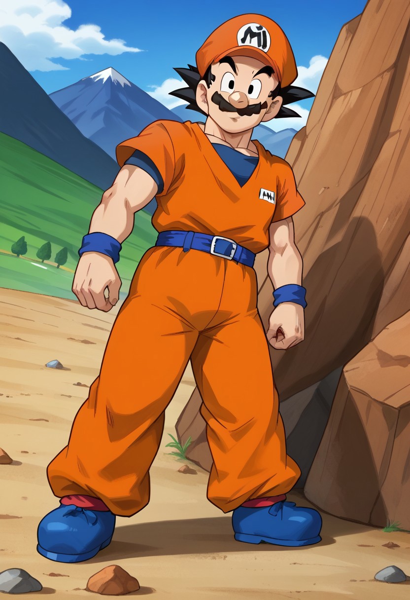 solo, goku, black hair, orange overall, orange pants, blue belt, full body, mountains, orange cap with "K" on middle, moustache,look at viewer,