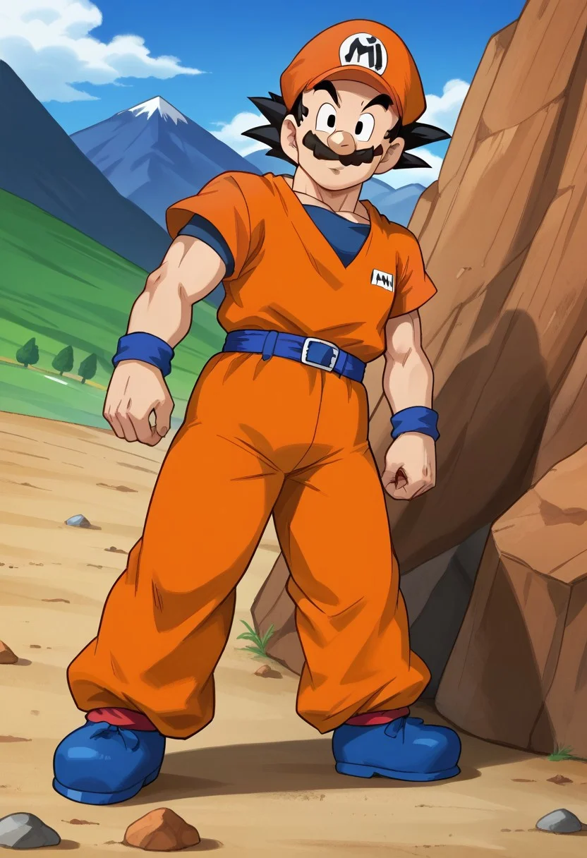 solo, goku, black hair, orange overall, orange pants, blue belt, full body, mountains, orange cap with "K" on middle, moustache,look at viewer,