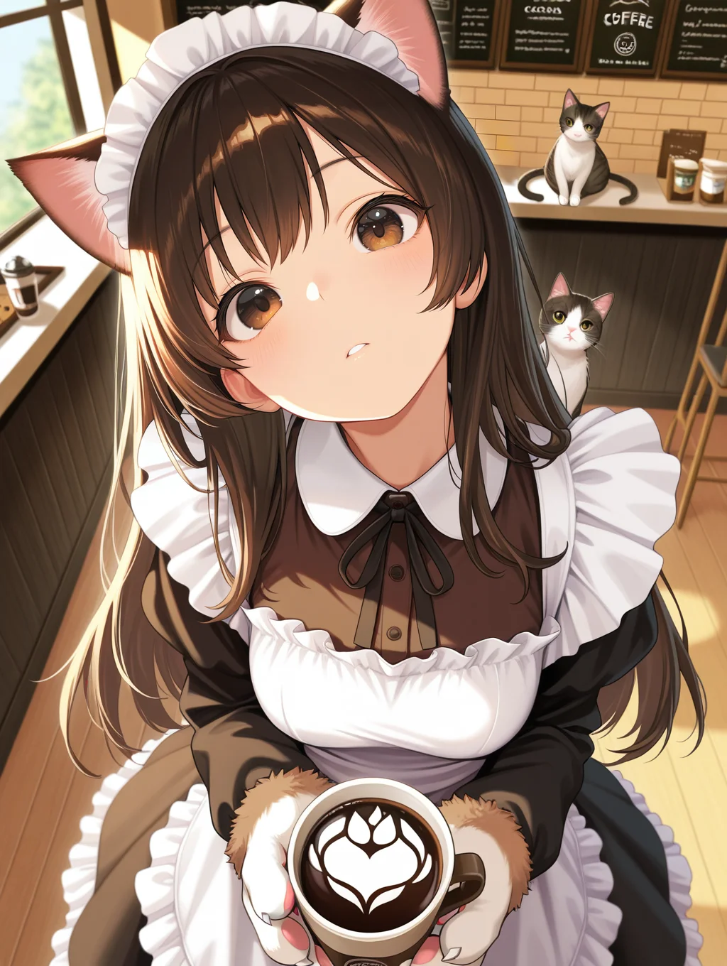 day light, cocoa\(drink\), animal hands, paw, maid dress with cat ears, dark brown hair, long hair, brown eyes, coffee shop, loop hair, head tilt, dynamic zoom from above, zoom in face,artist:canned mackerel \(pixiv\)
,masterpiece,best quality,amazing quality,