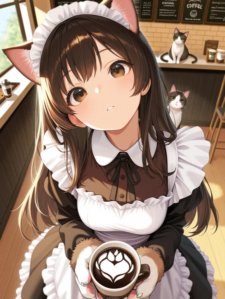 day light, cocoa\(drink\), animal hands, paw, maid dress with cat ears, dark brown hair, long hair, brown eyes, coffee shop, loop hair, head tilt, dynamic zoom from above, zoom in face,artist:canned mackerel \(pixiv\)
,masterpiece,best quality,amazing quality,