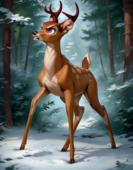 score_9, score_8_up, score_7_up, score_6_up,
bambi, adult, horns, deer, solo, ((Four legs,)) hyperdetailed, detailed fur, forest, full body, snow, angry,
<lora:add-detail-xl:0.8><lora:Bambi:1> <lora:Furry Enhancer 6.1:2>