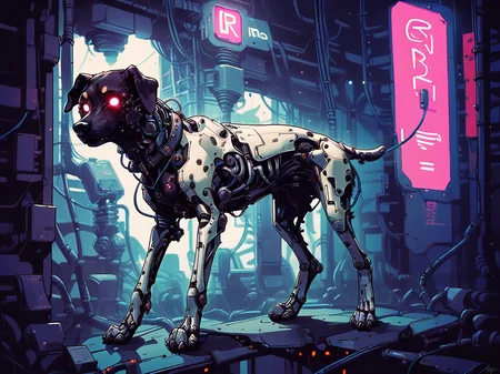 score_9, score_8_up, score_7_up, score_6_up, <lora:cyb0rgXLP:0.8> cyb0rg, solo, science fiction, cable, mechanical parts, dog, black, feral, full body, glowing eyes, neon lights,