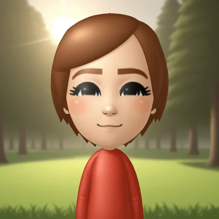 score_9, score_8, BREAK, solo, mii, wii, wii sports, 1girl, female mii, cute, auburn hair, auburn eyebrows, black eyes, blush, red clothing, white pants, shoes, small breasts, Susie_(Wii_Sports), Nintendo Mii, modern_mii, classic_mii, sexy pose, smile, outdoors, sunlight, shadows, evening lighting, natural lighting, forest, trees, grass, orange sky, sunset