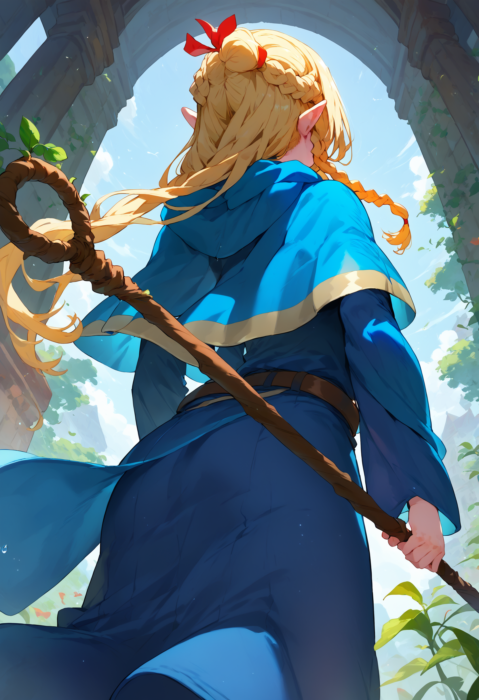 score_9, score_8_up, score_7_up, 1girl holding polearm from behind, staff, marcille, blue capelet blue robe belt, french braid twin braids, from below, facing away
<lora:holding_polearm_from_behind_pose_final:1> <lora:falin_marcille_pony_d16:1>