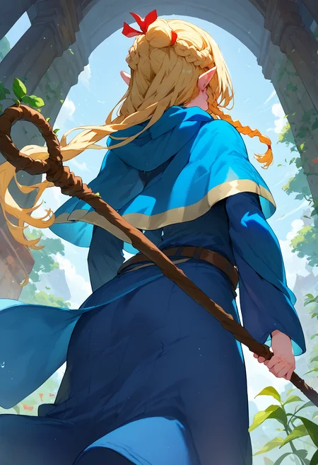 score_9, score_8_up, score_7_up, 1girl holding polearm from behind, staff, marcille, blue capelet blue robe belt, french braid twin braids, from below, facing away
<lora:holding_polearm_from_behind_pose_final:1> <lora:falin_marcille_pony_d16:1>