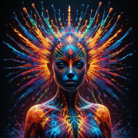 a full body fire entity with multicolored flames, professional photography of an fantastical warrior princess entirely made of cyberflies with whimsical elements, swirling magic, eerie fairytale landscape, elaborate fantasy style art, very colorful, intricate details, ultra sharp, exquisite detail, flawless composition, vivid colors, masterpiece, exciting background, TAS, TASvisuals, Psychedelic , Rave, Elaborate , Blacklight , Vibrant , cyberflies, black light paint, blp, Colorful Chaos Cracks and Drops, mad-glowtiedye, made out of,colorful,liquid,Murano Art Glass