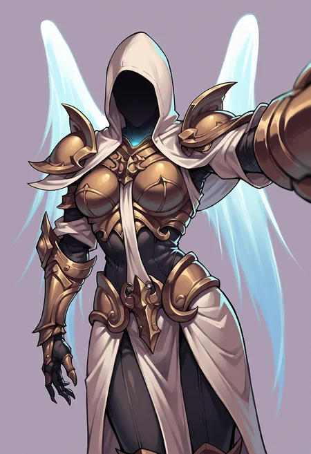 score_9, score_8_up, score_7_up, score_6_up, score_5_up, score_4_up, <lora:Auriel:0.75> 1girl, breasts, thighs, armor, white wings, glowing, hood, hood up, faceless, shoulder armor, gauntlets, upper body focus, close-up, selfie pose,
(light purple background:1.15), simple background,