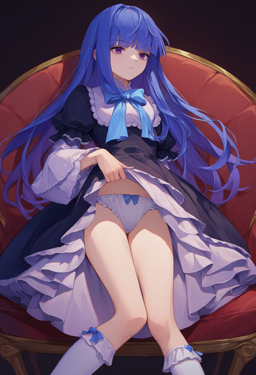 score_9, score_8_up, score_7_up,  source_anime,   <lora:BernPXL-000013:1> frederica bernkastel, long hair, blue hair, purple eyes, frederica bernkastel, long hair, blue hair, purple eyes, black dress, frills, blue bow,  white socks, skirt lift, frilled panties,