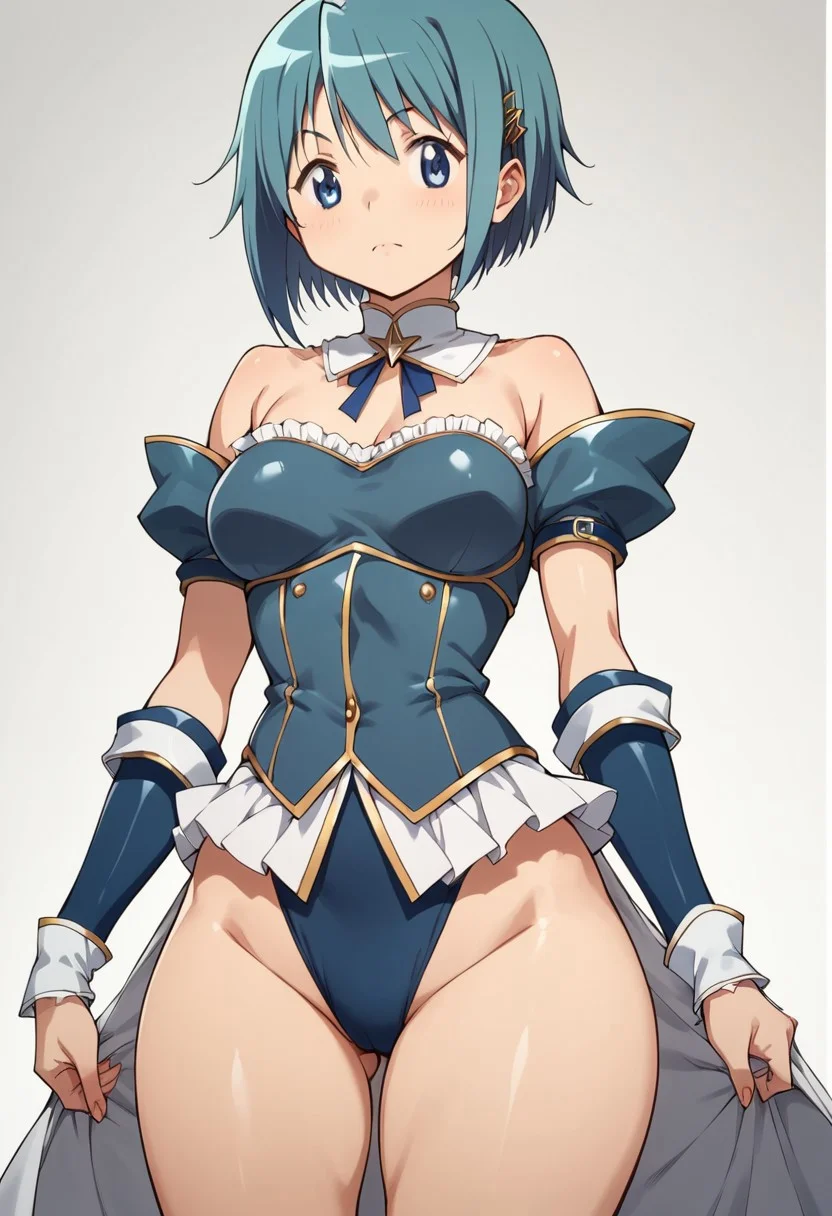 score_9, score_8_up, score_7_up, score_6_up, score_5_up, score_4_up, masterpiece, anime_lineart anime coloring, solo, big thighs, thin waist, medium breasts, White background, Sayaka Miki, Blue hair, blue eyes, Short hair, magical girl