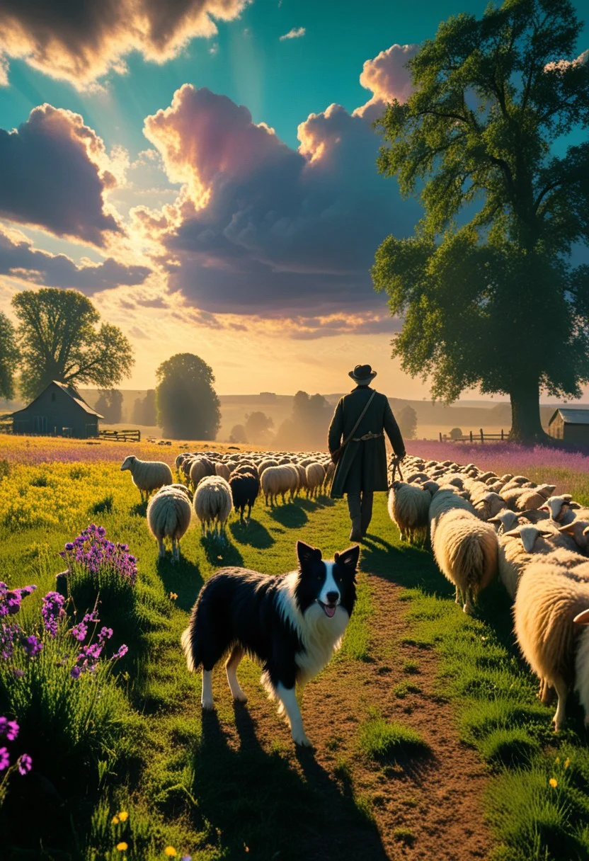 Vibrant photograph of a rugged shepherd guiding his flock through a lush, emerald meadow at dawn. A loyal border collie trots beside him. Golden sunlight bathes the scene, casting long shadows and highlighting the sheep's woolly coats. Rich green grass contrasts with a azure sky dotted with cotton-candy clouds. Wildflowers in bold purples and yellows pepper the foreground. Capture the essence of 1930s rural life with high-contrast black and white film aesthetics, emphasizing deep shadows and bright highlights. Evoke a sense of nostalgia and timelessness in the composition, best quality, sharp focus, high contrast, stylized, clear, colorful, ultra quality, 8k, best quality, masterpiece,midjourneyv6.1
