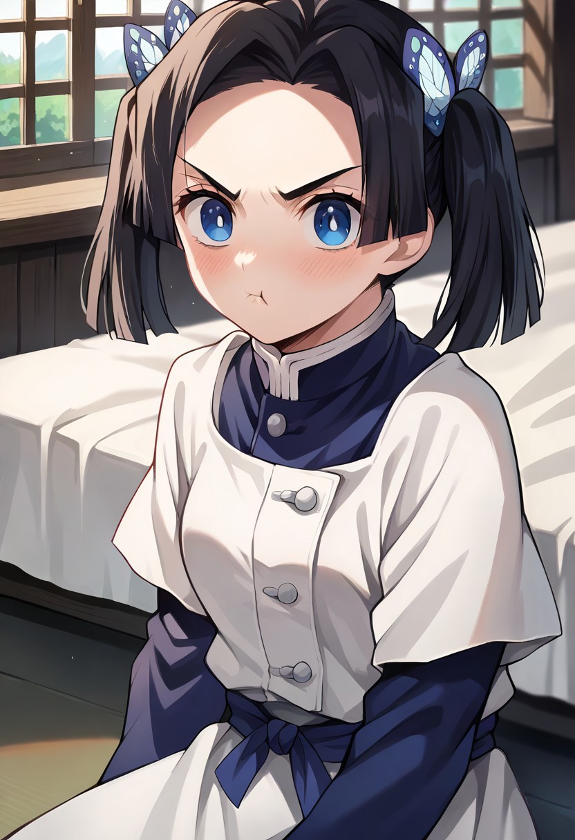 score_9, score_8_up, score_7_up, source_anime, masterpiece, 1girl, ct_a01, white apron, short over long sleeves, sash, indoors, looking at viewer, v-shaped eyebrows, sitting, blush, pout,