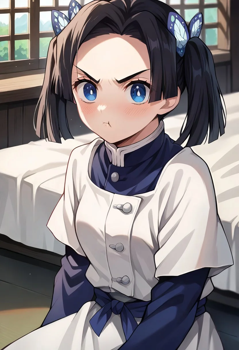 score_9, score_8_up, score_7_up, source_anime, masterpiece, 1girl, ct_a01, white apron, short over long sleeves, sash, indoors, looking at viewer, v-shaped eyebrows, sitting, blush, pout,