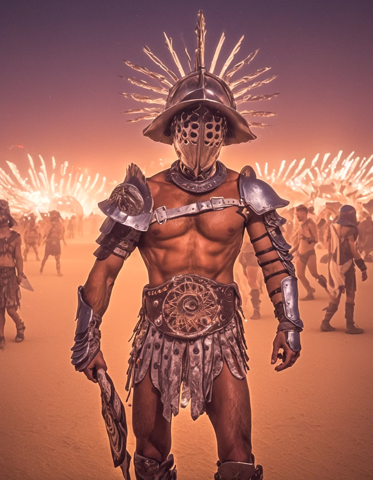 portrait gladiator at burning man festival, rave, desert, party, dancing, led lights, psychedelic,gladiator_style,exterm detailed, detailed background,