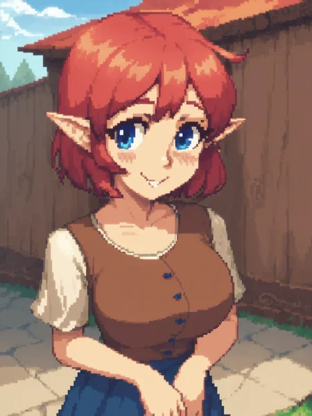 score_9, score_8_up,c0ne, pixel art, outdoors, anjuxl, 1girl, solo, breasts, looking at viewer, blush, smile, short hair, brown shirt, white sleeves, short sleeves, blue eyes, blue skirt, large breasts, dress, collarbone, red hair, pointy ears, <lora:anjuxl:0.75> <lora:cone:1>