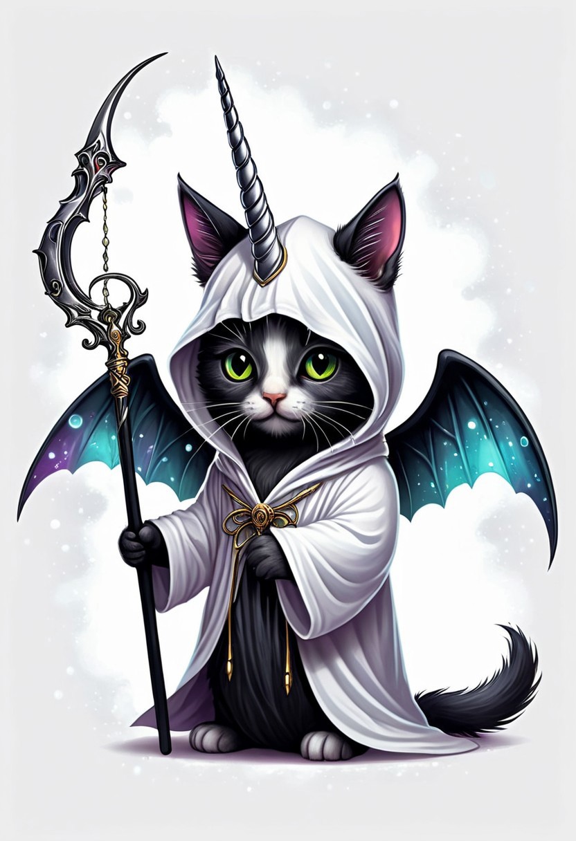 Let's craft a striking and unique t-shirt design featuring an eerie twist on a unicorn kitten dressed in a reaper costume, all set against a crisp white background. Picture a small, adorable kitten with a unicorn horn protruding from its forehead, its eyes glowing with an otherworldly light. The kitten is clad in a dark, flowing reaper robe, complete with a hood that casts shadows over its face, adding a mysterious and haunting vibe to the design. Delicate, ethereal wings sprout from its back, shimmering with a ghostly iridescence. The kitten holds a tiny scythe in its paw, the blade gleaming ominously against the white fabric of the robe. Behind the creature, a soft, ethereal mist swirls, hinting at a realm beyond the mundane. This juxtaposition of cute and eerie elements creates a captivating visual contrast that is sure to intrigue and captivate onlookers when printed on a white t-shirt.