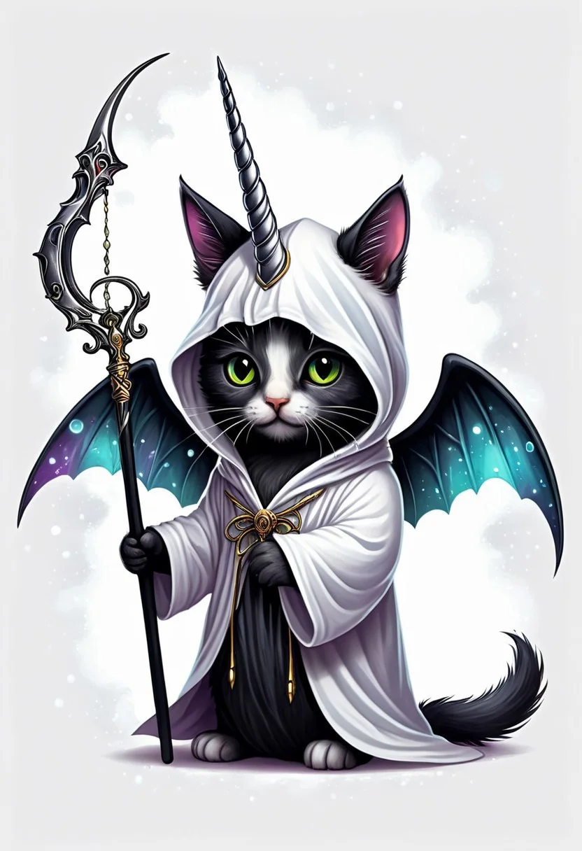 Let's craft a striking and unique t-shirt design featuring an eerie twist on a unicorn kitten dressed in a reaper costume, all set against a crisp white background. Picture a small, adorable kitten with a unicorn horn protruding from its forehead, its eyes glowing with an otherworldly light. The kitten is clad in a dark, flowing reaper robe, complete with a hood that casts shadows over its face, adding a mysterious and haunting vibe to the design. Delicate, ethereal wings sprout from its back, shimmering with a ghostly iridescence. The kitten holds a tiny scythe in its paw, the blade gleaming ominously against the white fabric of the robe. Behind the creature, a soft, ethereal mist swirls, hinting at a realm beyond the mundane. This juxtaposition of cute and eerie elements creates a captivating visual contrast that is sure to intrigue and captivate onlookers when printed on a white t-shirt.