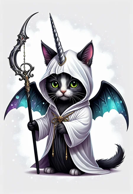 Let's craft a striking and unique t-shirt design featuring an eerie twist on a unicorn kitten dressed in a reaper costume, all set against a crisp white background. Picture a small, adorable kitten with a unicorn horn protruding from its forehead, its eyes glowing with an otherworldly light. The kitten is clad in a dark, flowing reaper robe, complete with a hood that casts shadows over its face, adding a mysterious and haunting vibe to the design. Delicate, ethereal wings sprout from its back, shimmering with a ghostly iridescence. The kitten holds a tiny scythe in its paw, the blade gleaming ominously against the white fabric of the robe. Behind the creature, a soft, ethereal mist swirls, hinting at a realm beyond the mundane. This juxtaposition of cute and eerie elements creates a captivating visual contrast that is sure to intrigue and captivate onlookers when printed on a white t-shirt.