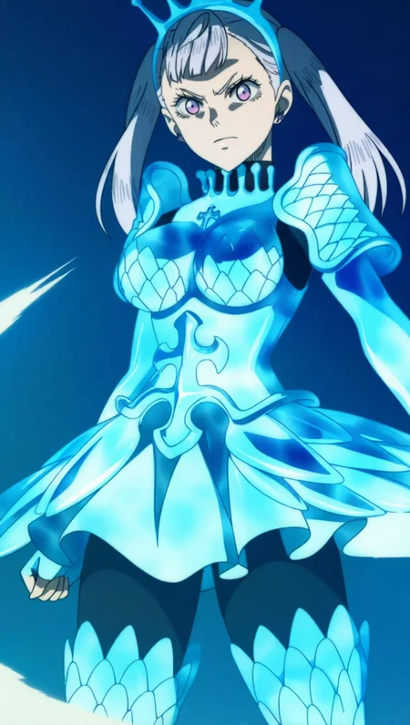 source_anime, masterpiece, best quality, amazing quality, anime screencap, high quality, 8k, absurdres, official style, 1girl, solo, looking at viewer, standing, serious, <lora:Noelle_Silva_Pre_iL:1>, n03ll3 s1lv4 pre, purple eyes, silver hair, bangs, long hair, twintails, valkyrie armor, black undershirt, black pants, breasts, armor, crown, armored dress, valkyrie, thighhighs, gloves, thigh boots, boots, blue theme, high heels, elbow gloves, fingerless gloves, black undershirt, black pants,
