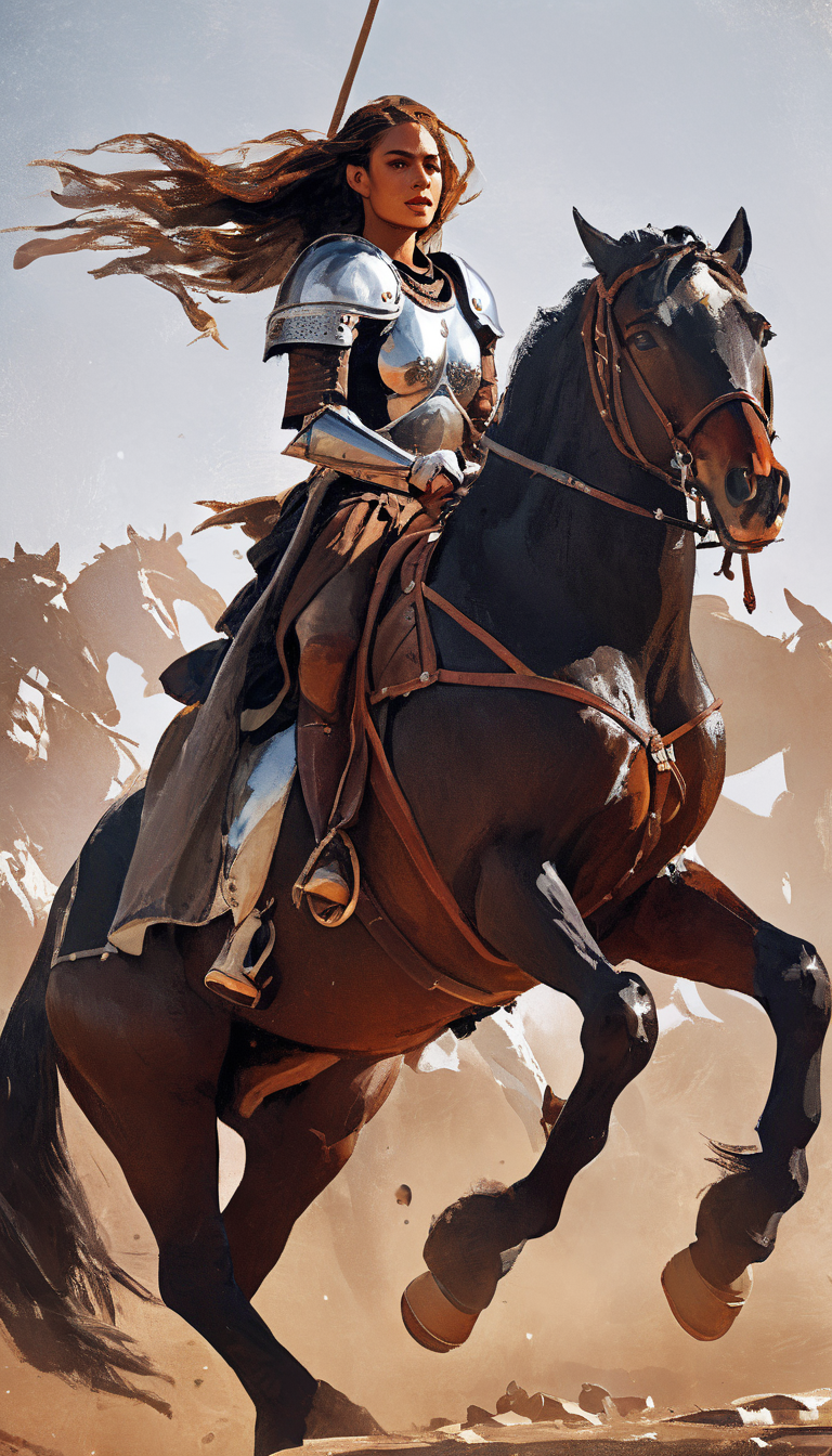 A beautiful female warrior riding on a horse though a stunning scene, cinematic scene, hero view, action pose, detailed background, masterpiece, best quality, high quality, highres, absurdres, Greg Rutkowski <lora:greg_rutkowski_xl_v3:1>