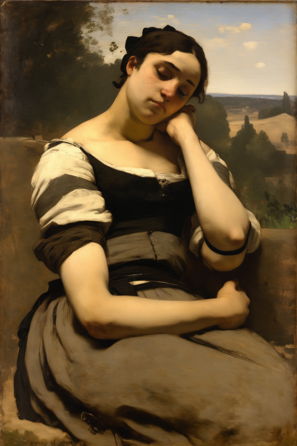 <lora:Jean-Baptiste-Camille Corot Style:1>Jean-Baptiste-Camille Corot Style - jean baptiste camille corot french 1 7 9 6 1 8 7 5 woman resting on her elbow la femme accoudee about 1 8 5 5 5 8 oil paint on canvas the william d lippitt memorial collection at the denver art museum 1 9 3 4 1 3
