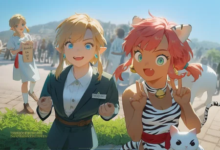 score_9, score_8_up, score_7_up, score_6_up, Masterpiece, source_anime screenshot, 1 girl, vivid colors, full color, shiny and glossy, anime style, high-res, beautiful aesthetic, very intricate, high-quality details, vibrant, highly detailed, award-winning, professional, <lora:pink-ponyxl-v2:1>, single fang showing, sleeveless dress, white tiger print dress, pelvic curtain, cleavage, white cat ears, cat bell necklace, bright pink hair, tanned, white tiger tail, red sash, small breasts, leather shoes, detailed eyes, green eyes, detailed face, break, <lora:link:1> link1, link, pointy ears, blonde hair, blue eyes, medium hair, side locks, earrings, short ponytail, blue hylian tunic, break, pink and link protesting, pink and link shouting, holding protest signs over their heads, link's sign says save the snails, pink's sign says down with socks, whimsical, funny, front view, blurred background, dutch angle, close up, cowboy shot