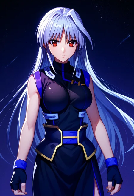 score_9, score_8_up, score_7_up, source_anime, 1girl, solo, Reinforce, long hair, white hair, single hair intake, red eye, long dress, black dress with purple trim, side slit, black gloves with purple trim, fingerless gloves, black corset with gold trim, sleeveless dress, bare shoulders, standing, smiling, endori face