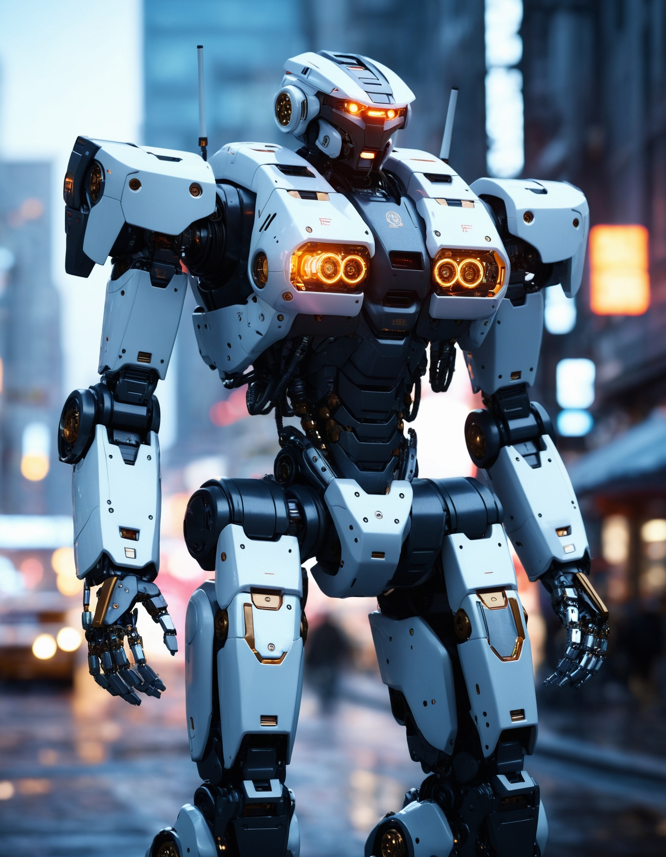 cgi, high quality render of mecha robot, perfect environment, city, sci-fi, extremely detailed, dof, bokeh