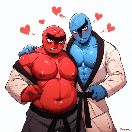 score_9, score_8_up, score_7_up, high res:1.5, uncensored, (2boys, Sawk, Throh, colored skin, blue skin, red skin, black belt, three fingers, muscular male, chubby male,) heart hand,