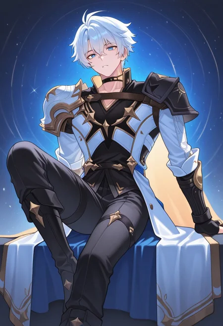masterpiece,best quality,amazing quality, source_anime,
Phainonhsr, 1boy, male focus, solo, blue eyes, white hair, black choker, neck tatto, shoulder armor, shirt, black shirt, coat, white coat, cape, fingerless gloves, pants, black pants, boots, black footwear,