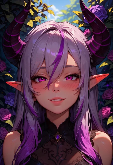 score_9_up, score_8_up, score_7_up, score_6_up, 1girl, 25 years old, perfect face, cute, petite,
detailed face, portrait, face focus, depth of field, looking at viewer, blush, shy smile, close up,
demon girl, demon horns, huge horns, striped horns, black horns, purple horns,
pointy ears, multicolored hair, streaked hair, grey hair, purple hair, long hair, very long hair, hair between eyes,
detached collar, black bow, black dress, frilled dress,
garden, purple roses,
smile,