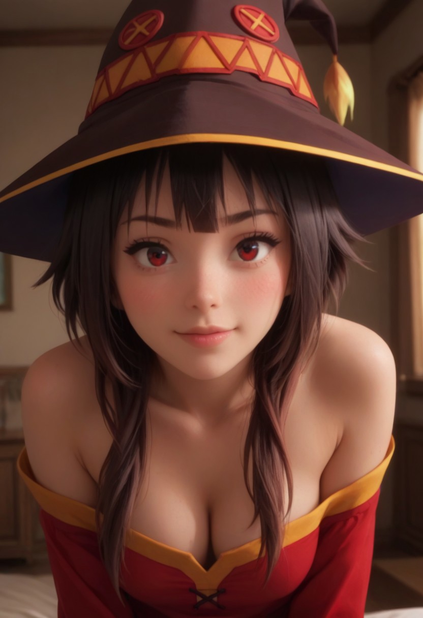 score_9, score_8_up, score_7_up, score_6_up, 
Photorealistic, real photo, living room background, god rays, 1girl, 18yo, realistic, 1girl, ((megumin, short hair, black hair, red eyes, short hair with long locks,)), cute perfect face, young face, silky smooth hair glistening, natural colors, long dark eyelashes, perfectly drawn eyebrows, heavy blush, big round eyes, direct eye contact, flirting to viewers, blushing, fall in love to the viewers, 2k revolution, deep blush cheeks and nose, smiling, happy, ((leaning forward)), medium breasts, big cleavage, pov, hat