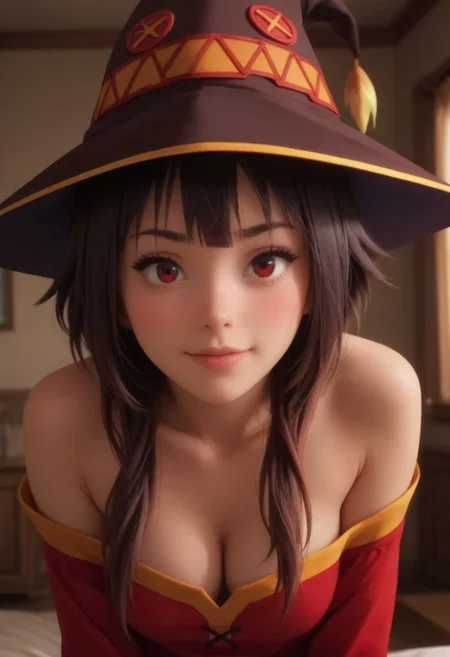 score_9, score_8_up, score_7_up, score_6_up,
Photorealistic, real photo, living room background, god rays, 1girl, 18yo, realistic, 1girl, ((megumin, short hair, black hair, red eyes, short hair with long locks,)), cute perfect face, young face, silky smooth hair glistening, natural colors, long dark eyelashes, perfectly drawn eyebrows, heavy blush, big round eyes, direct eye contact, flirting to viewers, blushing, fall in love to the viewers, 2k revolution, deep blush cheeks and nose, smiling, happy, ((leaning forward)), medium breasts, big cleavage, pov, hat