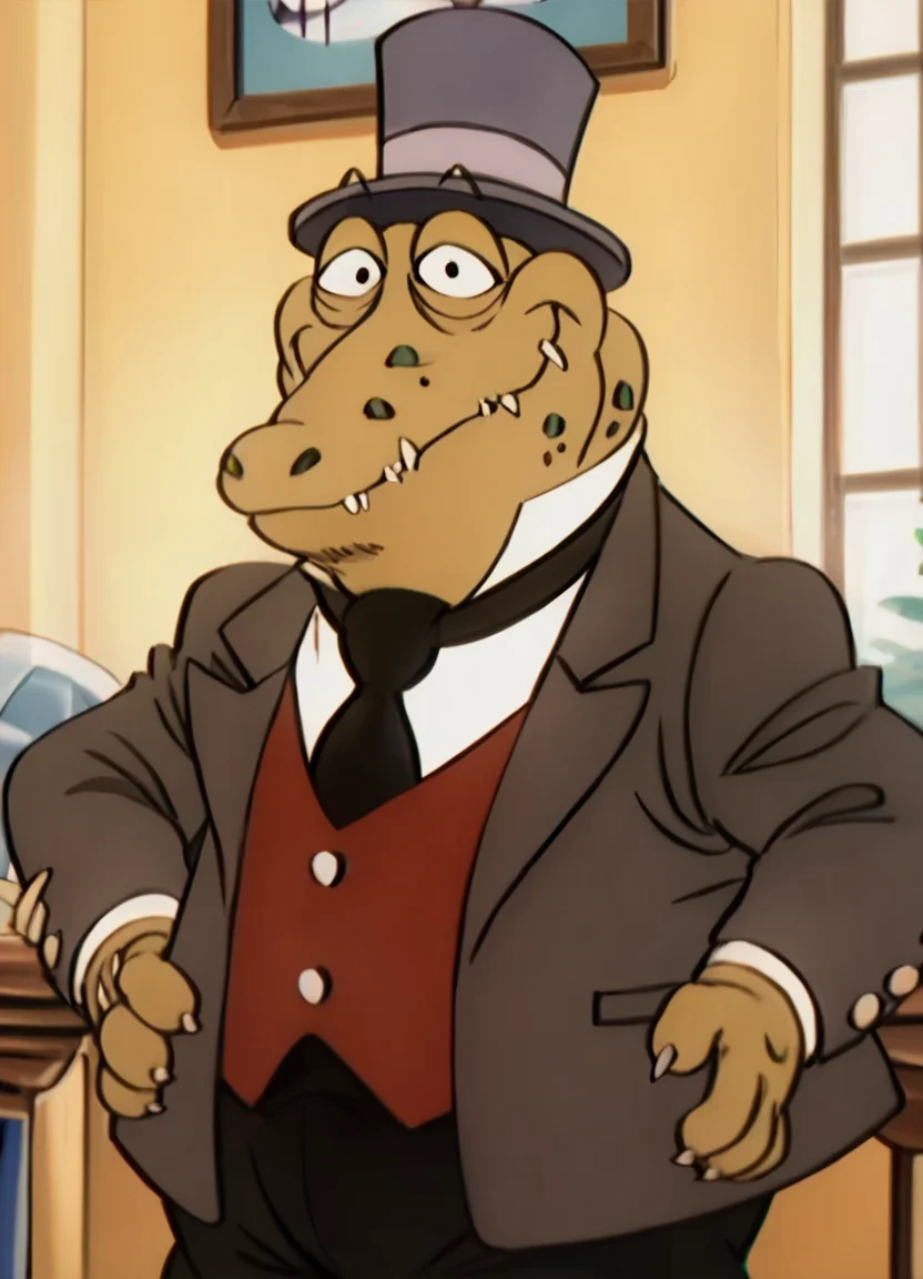 <lora:MayorCrocPony1.0:1> mayor croc, formal, suit, 1boy, solo, male focus, top hat, furry, crocodile, retro, green skin, scales, 1980s_\(style\), furry male, necktie, teeth, fangs, no humans, vest, score_9, score_8_up, score_7_up, score_6_up, score_5_up, score_4_up, looking at viewer, hand on own hip, cowboy shot,outdoors,