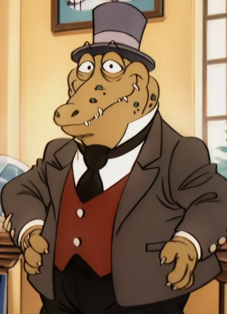<lora:MayorCrocPony1.0:1> mayor croc, formal, suit, 1boy, solo, male focus, top hat, furry, crocodile, retro, green skin, scales, 1980s_\(style\), furry male, necktie, teeth, fangs, no humans, vest, score_9, score_8_up, score_7_up, score_6_up, score_5_up, score_4_up, looking at viewer, hand on own hip, cowboy shot,outdoors,