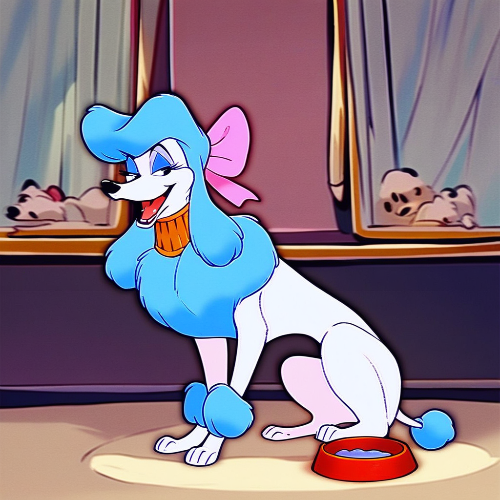 score_9,score_8,score_7,source_furry,georgette_oliver, georgette_poodle, no humans, bow, pink bow, hair bow, open mouth, solo, indoors, bowl, parody, pet bowl, animalization, retro artstyle, poodle_girl, feral, dog, canine, poodle, sfw, safe