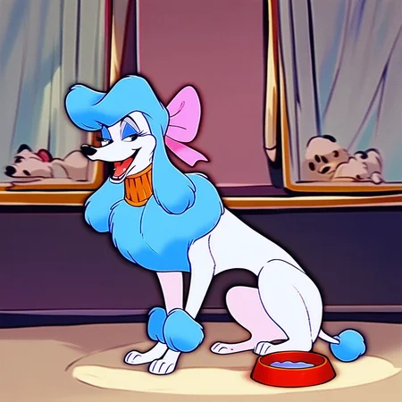 score_9,score_8,score_7,source_furry,georgette_oliver, georgette_poodle, no humans, bow, pink bow, hair bow, open mouth, solo, indoors, bowl, parody, pet bowl, animalization, retro artstyle, poodle_girl, feral, dog, canine, poodle, sfw, safe