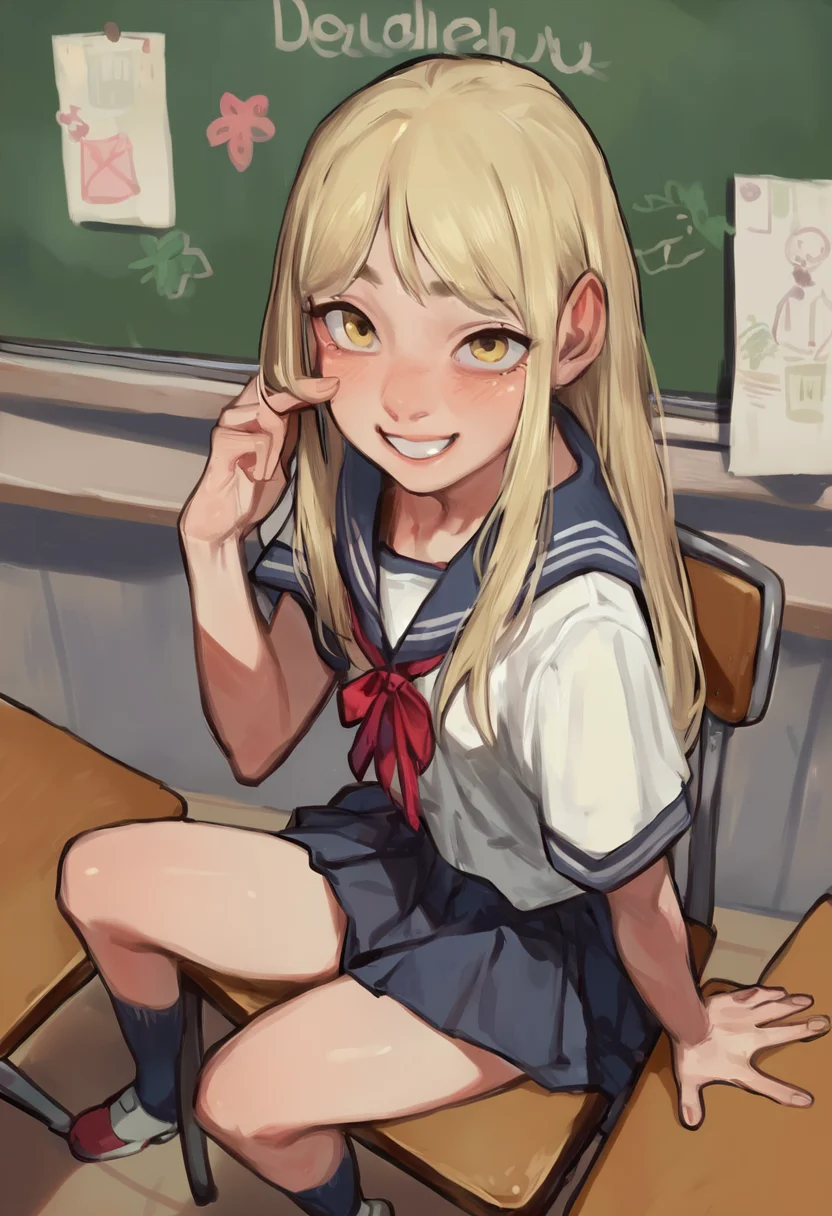 (score_9), score_8_up, score_7_up, score_6_up, source_anime, 1girl, sitting, from above, small breasts, blush, foreshortening, from above, blonde hair, long hair, blush, school uniform, smile, happy, teeth, looking at viewer, poster \(medium\), classroom, on chair, school chair, yellow eyes, <lora:ponyxl-mossacannibalis-style-v01:0.7>