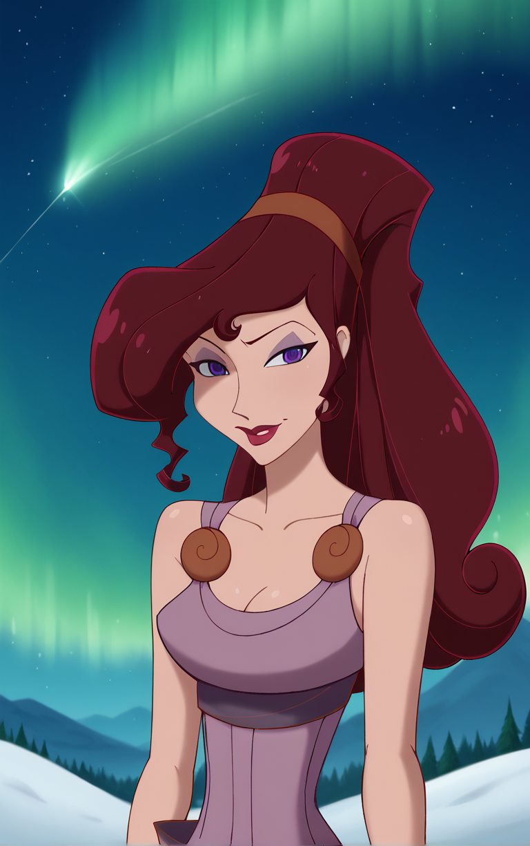 score_9, score_8_up, score_7_up, BREAK
MainOutfit_Megara_ownwaifu, 
1girl, big hair, breasts, curly hair, eyelashes, hair bun, high ponytail, long hair, makeup, narrow waist, purple eyes, purple eyeshadow, red hair, red hairband, red lips, lipstick, medium breasts, dark skin, dark-skinned female, hair over one eye, collarbone, 
purple dress, sleeveless dress, cleavage, clothes around waist, sleeveless, bare shoulders, long dress,
(wariza), (wide shot), aurora, shooting star,  star \(sky\), winter, snow, night, scenery, outdoors,  <lora:PONYXL_Hercules_Megara_ownwaifu:1> , depth of field, solo,