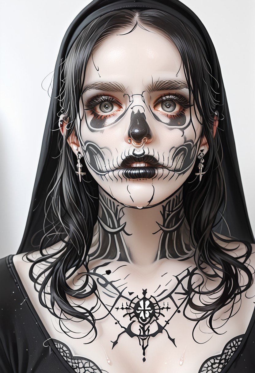 A toned yet curvaceous nun in a traditional black-and-white habit, the fabric tightly cinched around her full bust as she kneels in prayer. The dim candlelight of the gothic church highlights her delicate profile and the faint sweat on her brow. Behind her, a mass of shadowy tentacles slither from the cracked altar, their glossy, sinewy forms poised to ensnare her yet she remains devout, her lips parted in a trembling prayer. The composition is hauntingly elegant, shot from hip-level up, with a chiaroscuro contrast between her purity and the encroaching horror. Cinematic gothic horror atmosphere, detailed fabric folds, subtle erotic tension without explicitness.
intricate tattoo designs, bioluminescent details, cybernetic veins, glam punk fusion, 8k photorealism