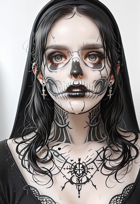 A toned yet curvaceous nun in a traditional black-and-white habit, the fabric tightly cinched around her full bust as she kneels in prayer. The dim candlelight of the gothic church highlights her delicate profile and the faint sweat on her brow. Behind her, a mass of shadowy tentacles slither from the cracked altar, their glossy, sinewy forms poised to ensnare her yet she remains devout, her lips parted in a trembling prayer. The composition is hauntingly elegant, shot from hip-level up, with a chiaroscuro contrast between her purity and the encroaching horror. Cinematic gothic horror atmosphere, detailed fabric folds, subtle erotic tension without explicitness.
intricate tattoo designs, bioluminescent details, cybernetic veins, glam punk fusion, 8k photorealism