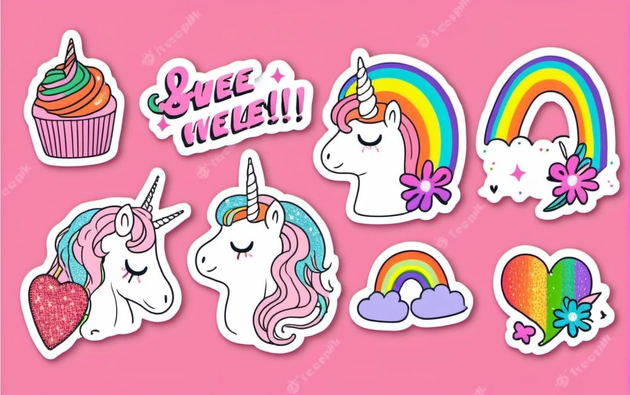 Cute sparkle rainbow unicorn StickerSheet <lora:SDXL-StickerSheet-Lora:1>