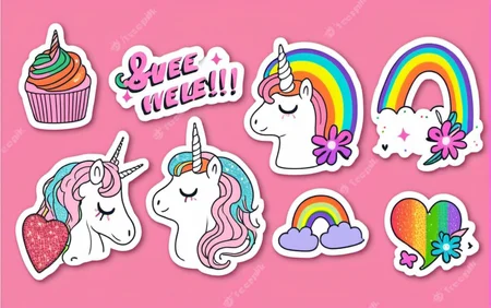 Cute sparkle rainbow unicorn StickerSheet <lora:SDXL-StickerSheet-Lora:1>