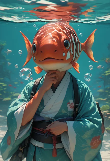 easynegative, source_anime, zPDXL2, extremely detailed, score_9, score_8_up, score_7_up, score_6_up, object_head, h3ad, <lora:Insert_Head_Here:1> fish swiming in bubble, kimono, playing shamisen