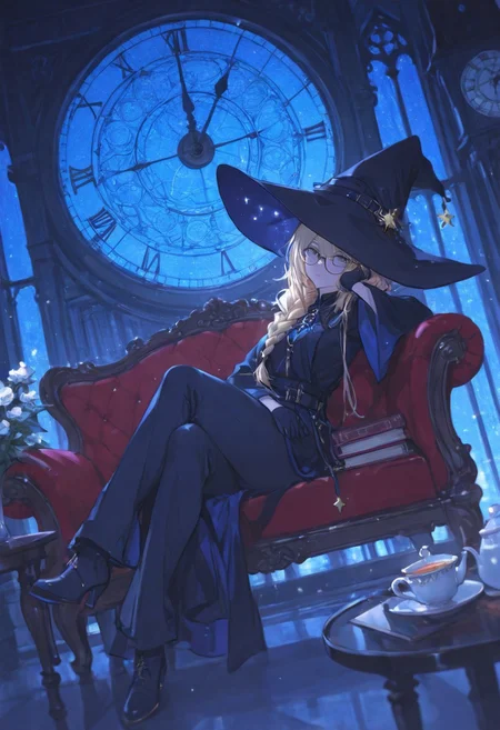 Wide shot, 1girl, France braid, long hair, swept bang, blonde hair, freckle, glasses, Wizard, witch hat, books aside, head rest, arm rest, crossed legs, reclining on sofa, leaning, lowlegs table, tea on table, rooftop, flowers, huge clock tower, blue night, stars, looking at viewer, dutch angle, BREAK konya karasue, ma1ma1helmes_b_illu,sketch, r17329_illu,
BREAK styling pose, fashion pose, sexy posing, dynamic angle, bloom, soft lighting, 
BREAK perfect details, masterpiece, best quality, ultra-detailed, best illustration, high resolution, extremely detailed CG, unity 8k wallpaper, textile shading, super detailed skin, perfect anatomy, detailed, cinematic lighting, dynamic lighting, light particles, beautiful detailed eyes, absurdres, very aesthetic, detailed background, depth of field